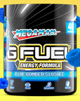 G FUEL energy, Mega man, blue bomber slushee, tub, product front with berries, blue raspberry