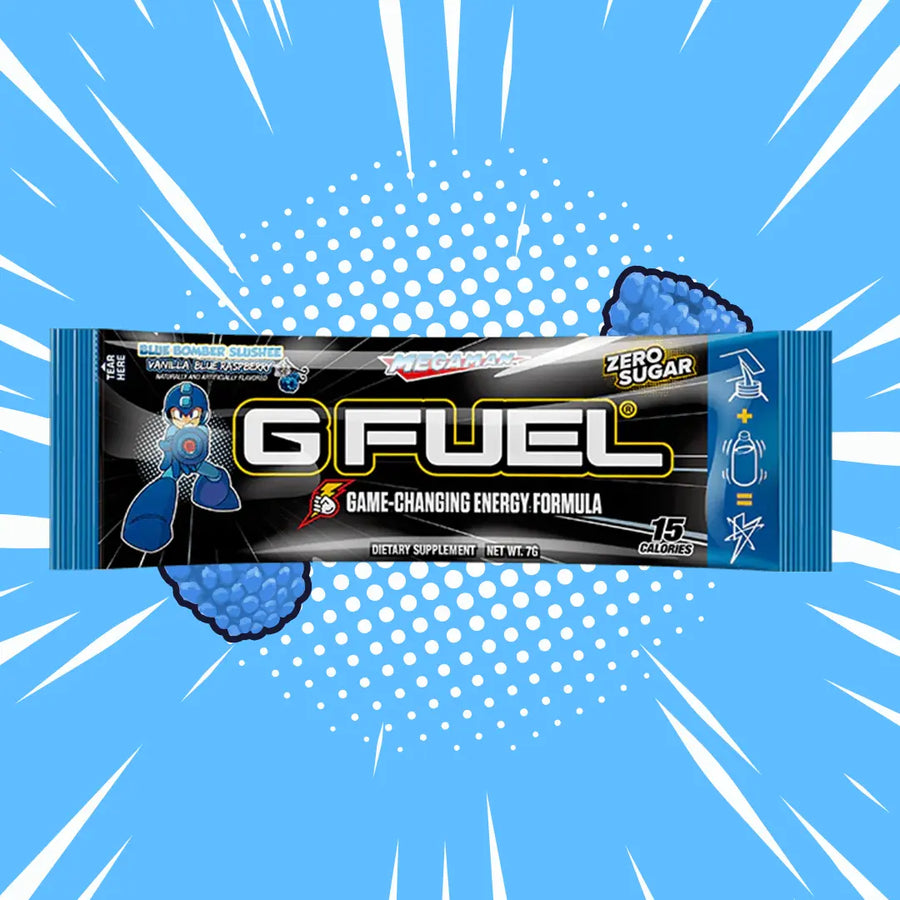 G FUEL Energy, sample pack, Mega man, blue bomber slushee, 1 serving, product front with matching background