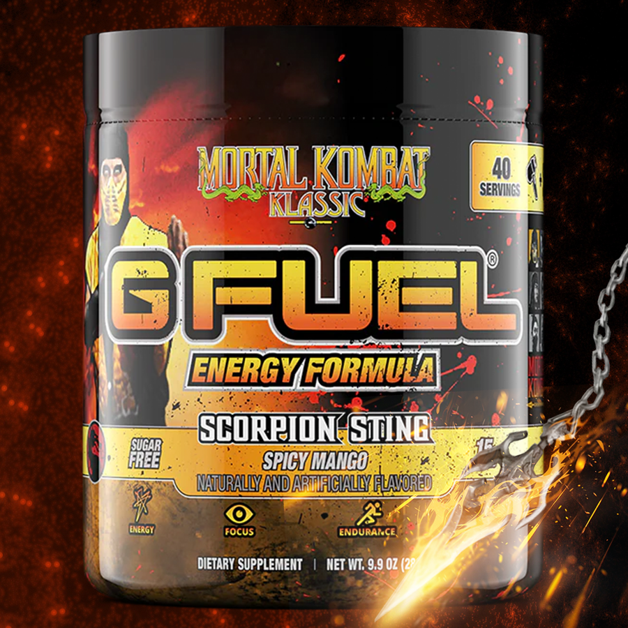 G FUEL Energy, Scorpion sting, Klassic, Mortal Kombat, tub,  product front with matching background