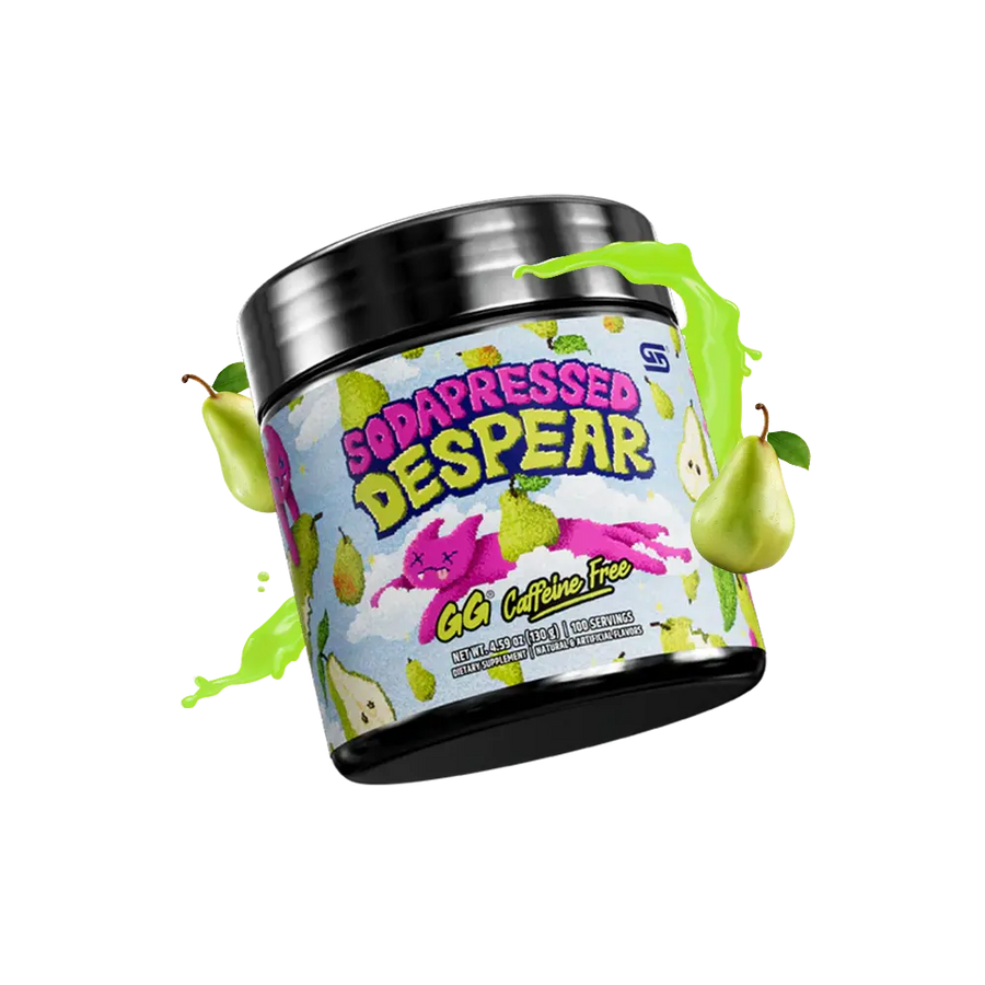 Gamersupps caffeine free, Sodapressed despear, tub,  product front with fruits