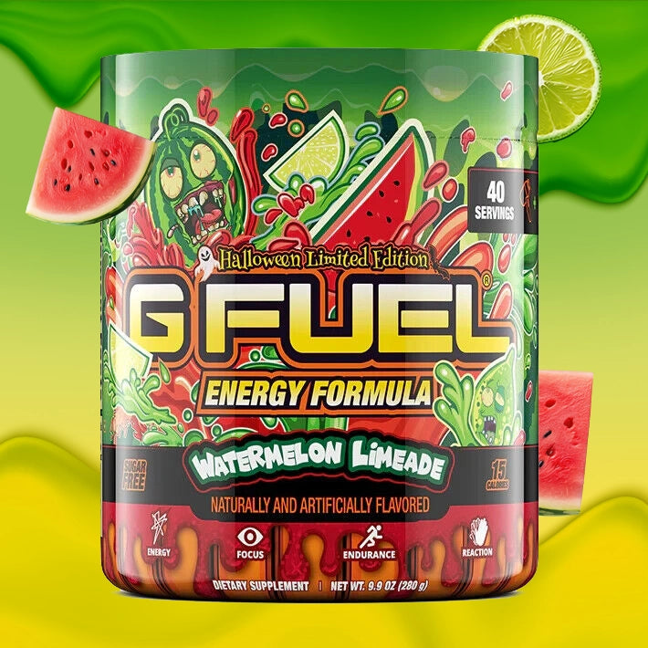 G FUEL Energy, Watermelon Limeade, tub, halloween limited edition, product front with matching background