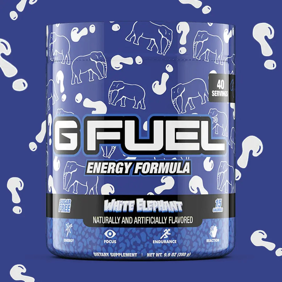 G FUEL Energy, White Elephant, tub, product front with matching background