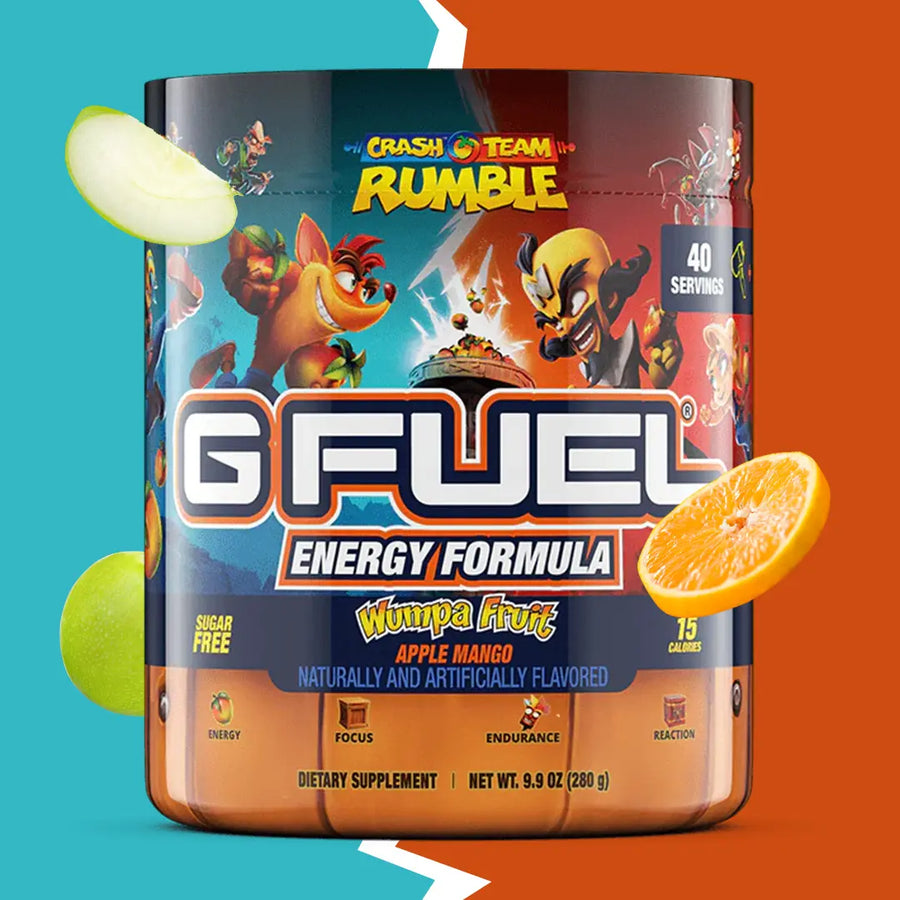 G FUEL Energy, Wumpa Fruit, tub, product front with matching background