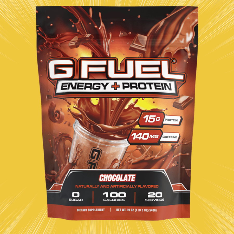 G FUEL Energy and protein powder, Chocolate flavour, product front with matching background