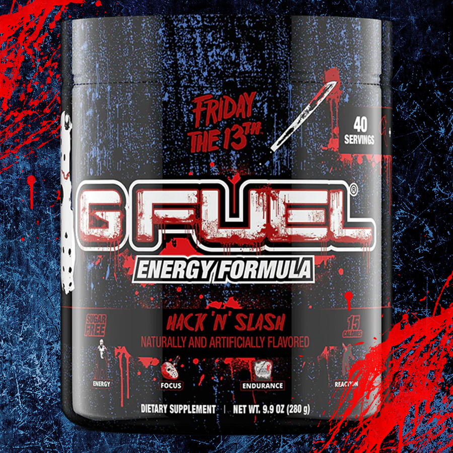 G FUEL energy, Hack 'n' slash, Halloween, tub,  product front with cool matching halloween background