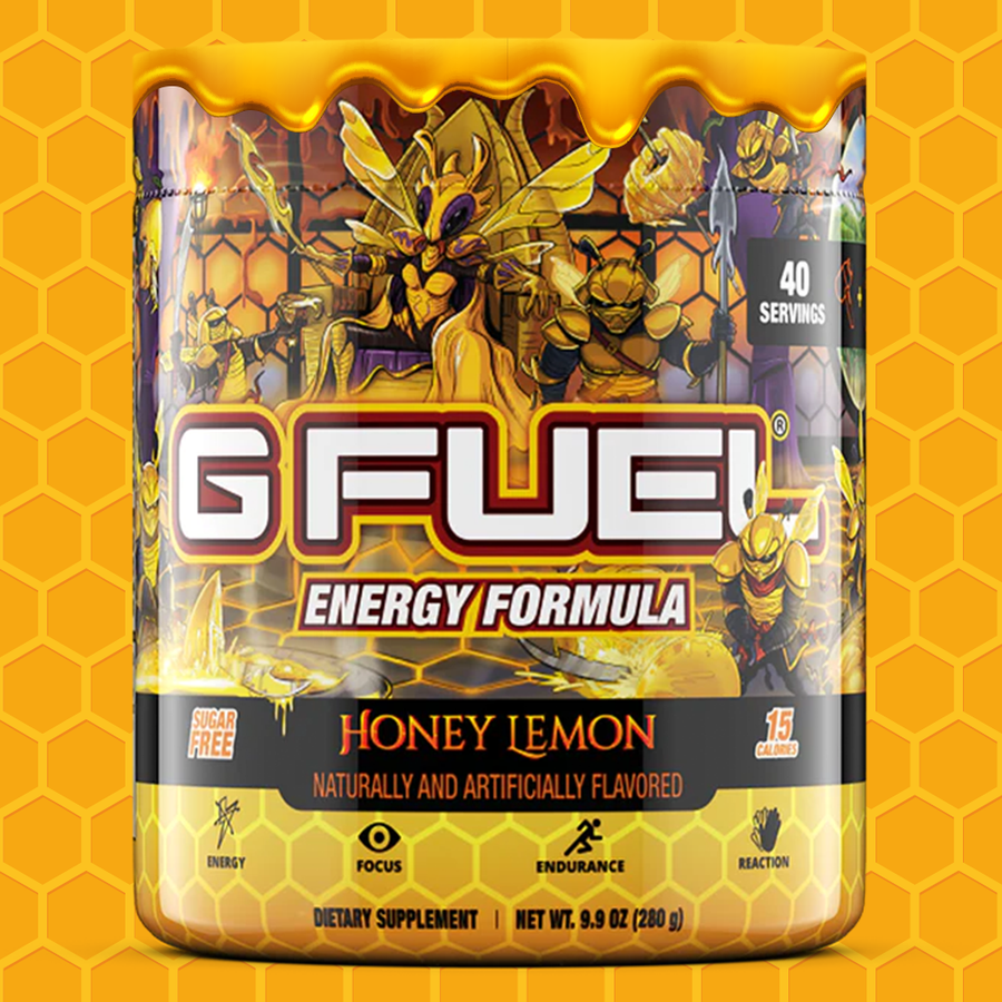 G FUEL energy, Honey Lemon, tub,  product front with matching background colors