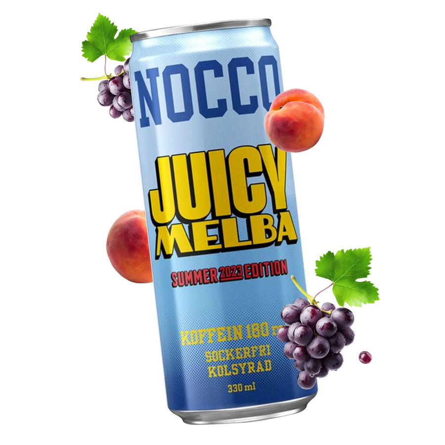 Front image of Nocco can Juicy Melba with fruit