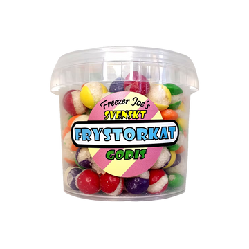 Front image of freeze dried candy rainbow pearls bucket with fruit