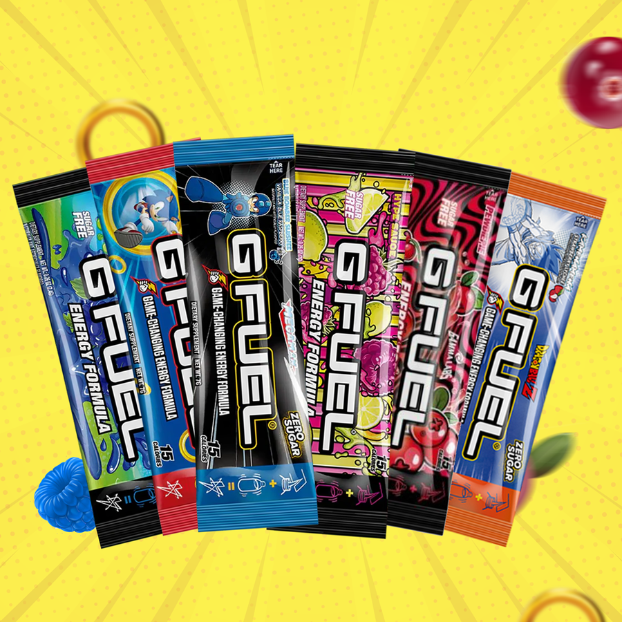 G FUEL Energy, sample packs, bundle of 6 sample packs, 1 serving per sample, product front with matching background