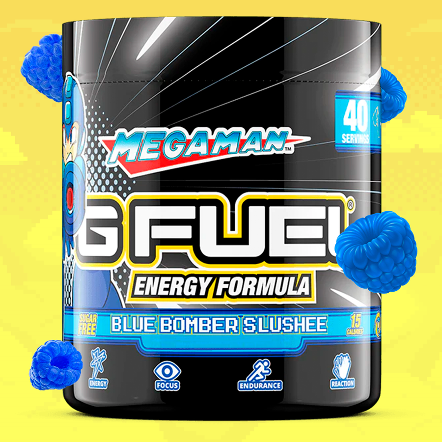 G FUEL energy, Mega man, blue bomber slushee, tub,  product front with berries, blue raspberry